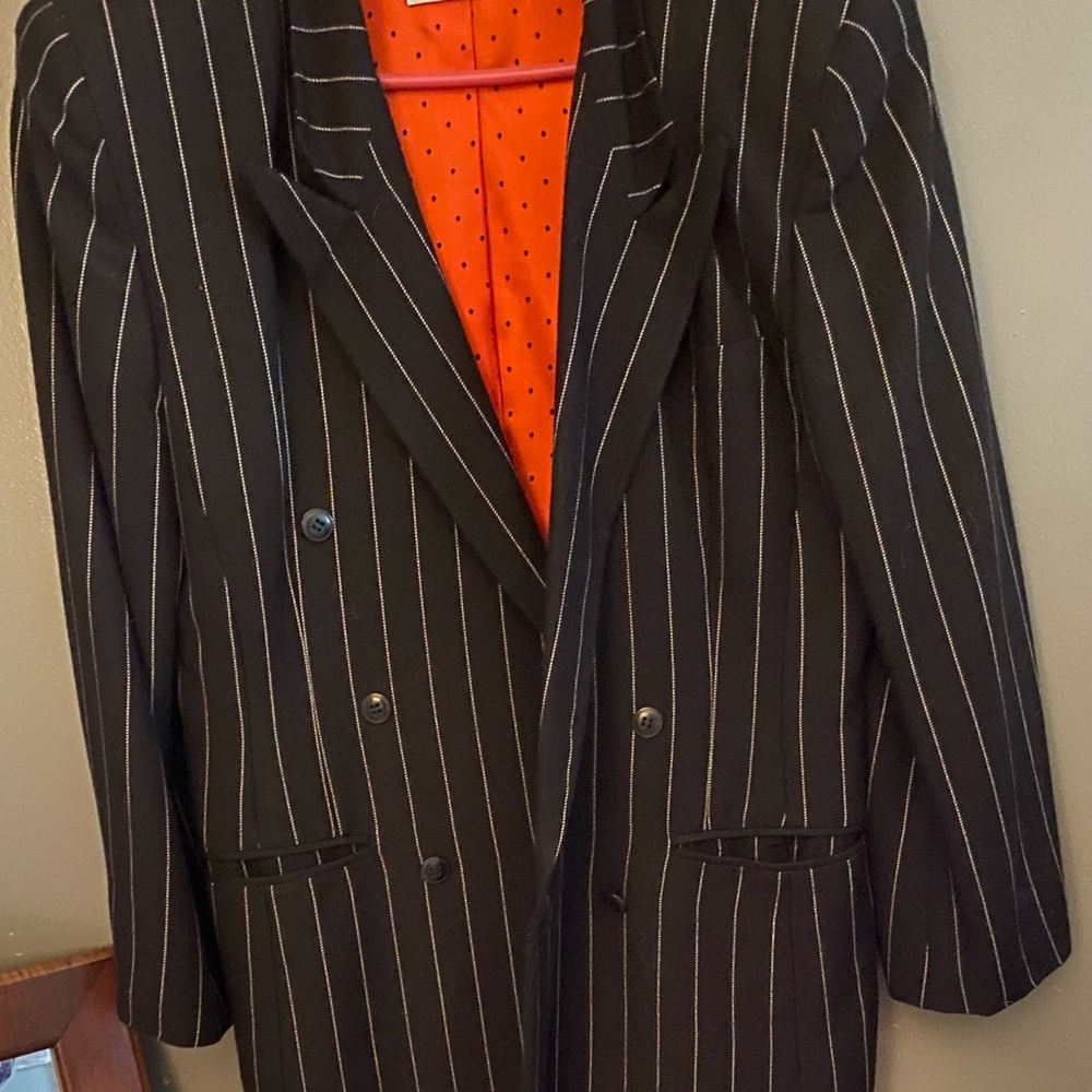 Chic Black Pinstripe Blazer with Bold red Lining